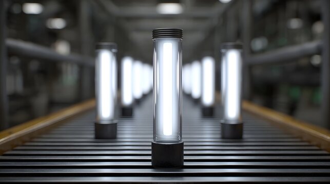 A futuristic conveyor belt transports glowing cylindrical containers in a sterile industrial facility