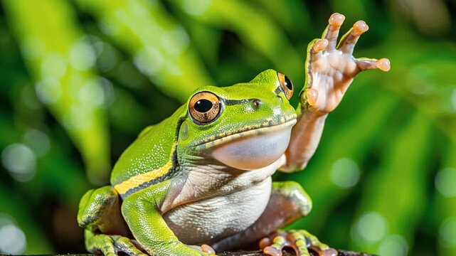 Curious green tree frog with raised front leg on branch