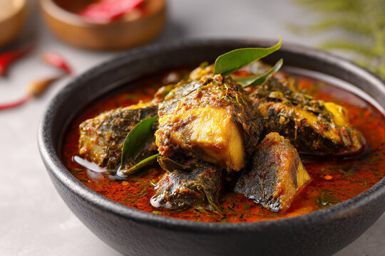 Close-up of fish ambul thiyal in dark ceramic bowl with spices