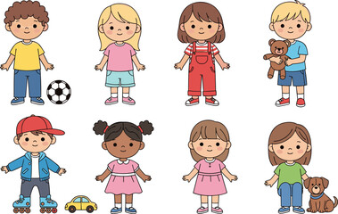 Fototapeta premium Set of Diverse Child Characters with Hobbies Including Soccer, Roller Skating, and Pets for Early Childhood Education and Lifestyle Illustration