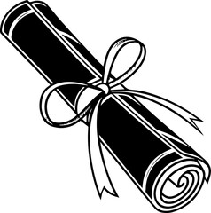 Black and White Rolled Diploma Scroll Tied with Ribbon Bow Vector Illustration
