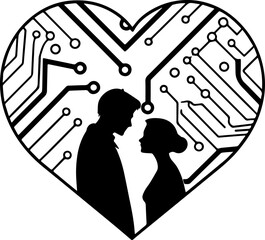 Romantic Couple Silhouette in Circuit Board Heart Symbolizing Digital Love and Technology Connection