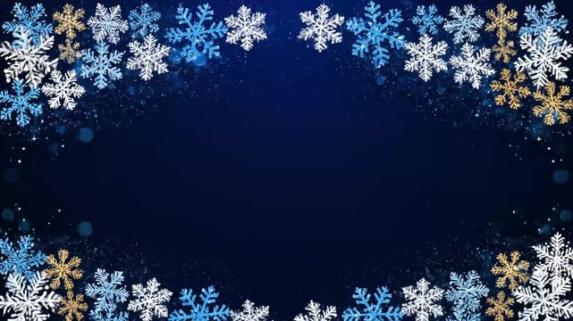 A festive frame of snowflakes on a dark blue background in a winter scene from a straightforward viewpoint in an animated video