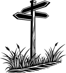 Wooden signpost with multiple pointing arrows in grass black and white vector illustration