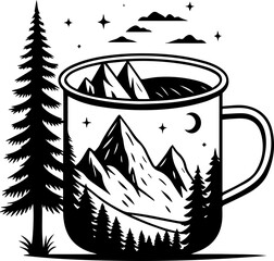 Adventure Camping Mug Vector Graphic Silhouette with Mountains Forest and Night Sky Nature Scene