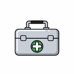 Obraz premium Medical First Aid Kit With White Cross Symbol on Gray Metal Box and Black Handle White Background