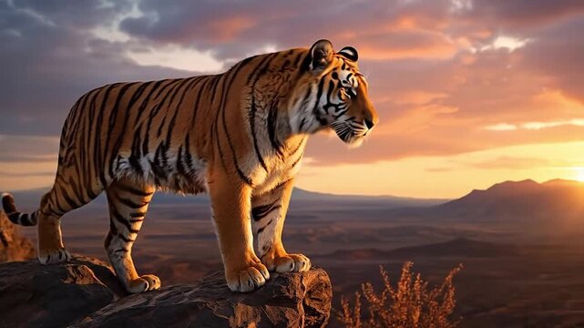 Striped tiger standing on rocks near precipice. Dangerous animal on beautiful background of desert and mountains. Generative AI