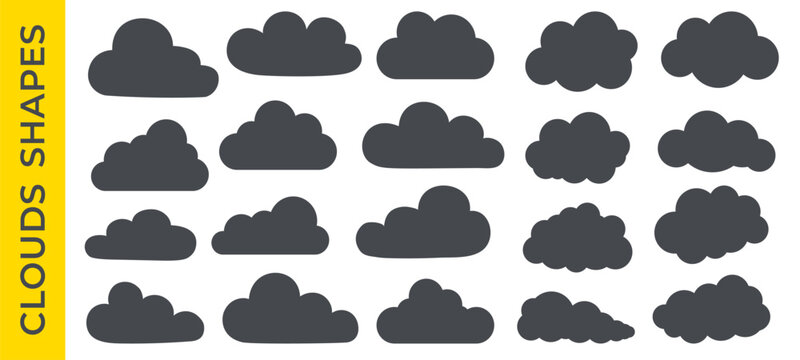 Abstract vector cloud silhouette collection in cute flat cartoon style. Weather element symbol or text box. Cloud flack black silhouette set. Puffy simple outlines. Airy empty cloudlet for text