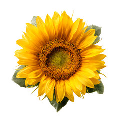 Obraz premium Bright yellow sunflower with green leaves isolated on transparent background vibrant natural beauty blooming summer flora close up detailed center fresh petals