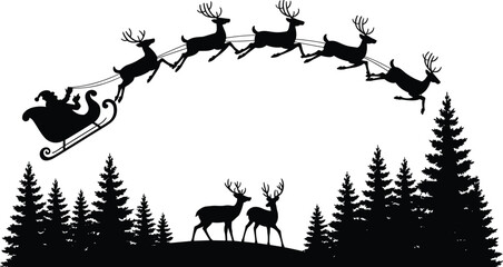 Black silhouette of Santa Claus in a sleigh pulled by reindeer flying over pine trees with two deer standing below © Afsun Creative