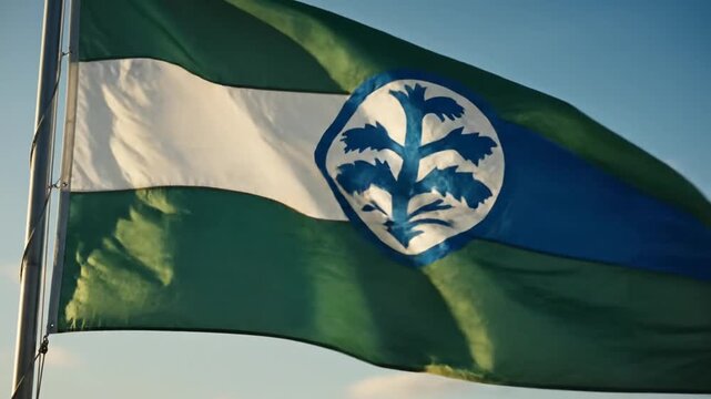 Andalusian flag waving on a flagpole against blue sky