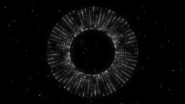 Sci-fi black torus with particles and lines. Concept network connection. Frame torus. Abstract technology background. 3d rendering.