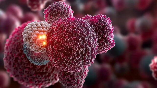 Cancer cell tumor oncology mutation micrograph biology disease medical science healthcare, macro closeup microscope 3D medical illustration of malignant tumor cell with glowing core, scientific