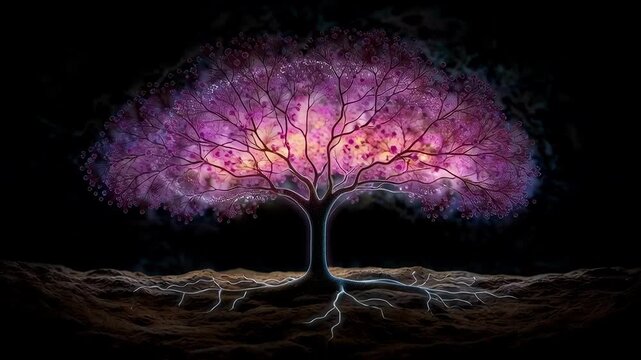 Fantasy tree glowing root neural branch digital art surreal landscape cosmic light abstract nature mystical forest bioluminescent neural network neon branch vibrant color night magical landscape