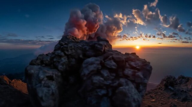 Volcanic eruption at sunset with smoke and lava scenic landscape view
