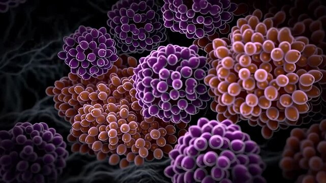 Abstract virus cluster microscopy of purple cancer cell group and virus cell structure lung carcinoma, malignant tumor cell, virus microbe pathogen infection disease cell biology healthcare medicine