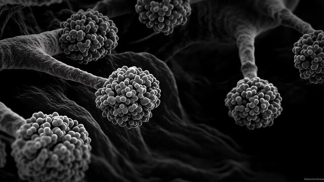 Microbiology fungus mold spore black white closeup macro infection pathogen cluster structure disease concept microscopic lung carcinoma electron microscopy cancer cell tumor structure medical