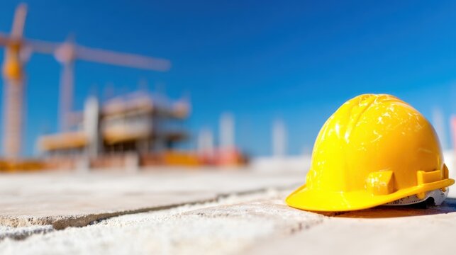 Bright yellow hard hat on a construction site during sunny weather