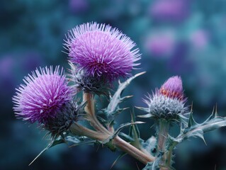 A captivating macro photograph showcases the vibrant purple blooms of a wild, thorny plant, set against a softly diffused background of deep teal and subtle hints of indigo. The intricate details of t