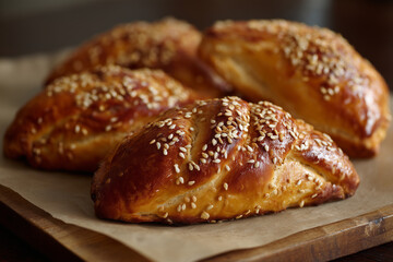 Cypriot-style Easter pastries with sesame seeds on wooden board