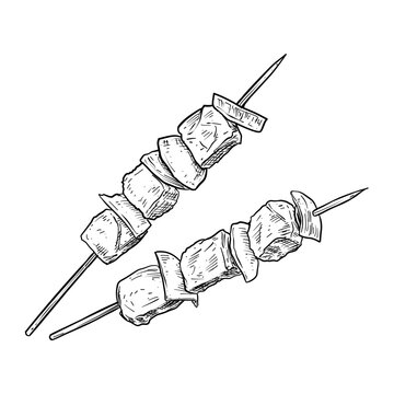 grilled meat and vegetable skewers vector line art hand drawn illustration