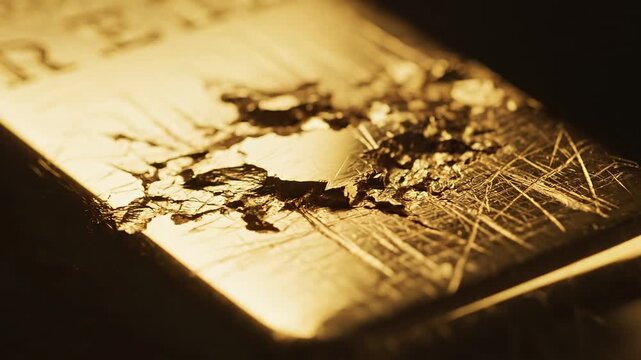 Gold prices plunge concept. Close-up of a gold bar with scratches and surface damage under warm lighting