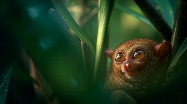 Philippine Tarsier Hiding in Tropical Jungle Foliage