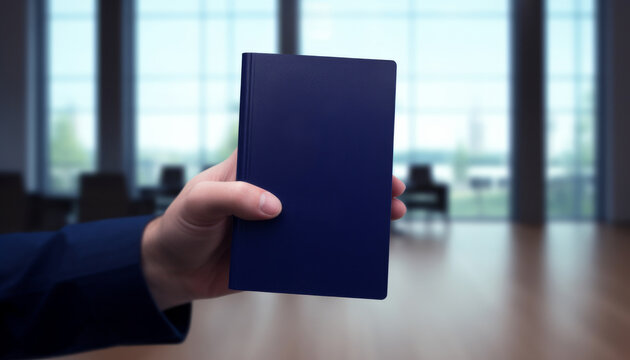 Hand holding a blue notebook in a blurred office setting with soft natural light
