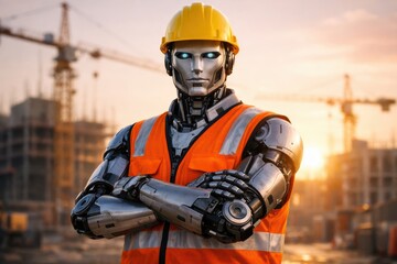 Fototapeta premium Construction Robot in the Making: A futuristic construction robot, donned in work attire with a yellow hard hat and orange safety vest, stands confidently on a construction site.