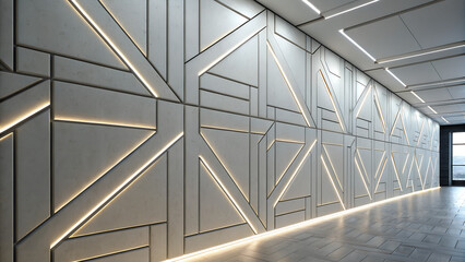 Geometric 3D wall panels with light tracing the edges like circuit lines.