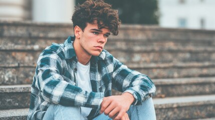 Fototapeta premium Young man sits on steps and looks thoughtful in an urban area during the day