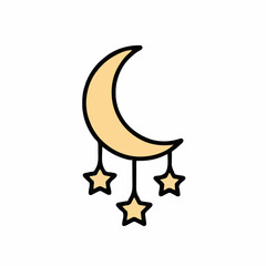 Naklejka premium Crescent Moon With Three Hanging Stars In A Light Yellow Hue Against A White Background Flat Design Vector Illustration