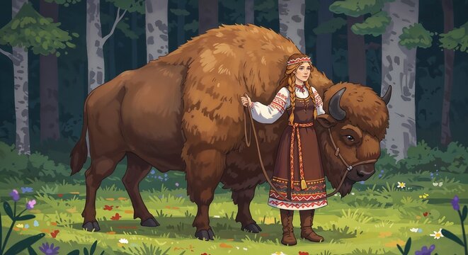 An illustration of a woman in Russian or belarussian attire with a bison or zubr in a lush forest, suitable for cultural mythology, wildlife conservation themes, and powerful nature art.