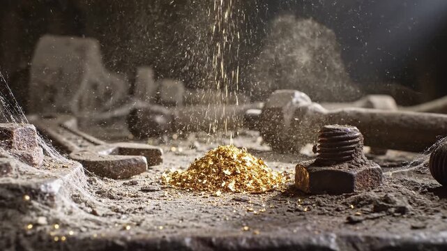 Gold prices plunge concept. Metal shavings falling in an industrial setting with bolts and nuts on a surface.