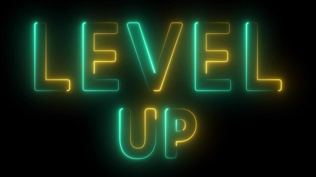 Neon colorful isolated text of "Level Up" Game, play concept. neon text level up animation
