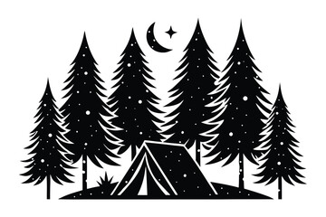 Obraz premium Forest Adventure Silhouette with Tent and Campfire 