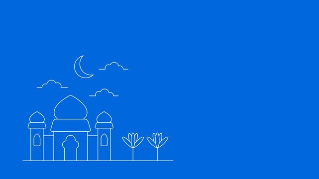 Islamic Mosque Line Art Background Loop. Blue flat vector animation with mosque, moon and clouds. Minimalist religious copy space for Ramadan and Eid celebrations. 4K 60fps seamless motion.