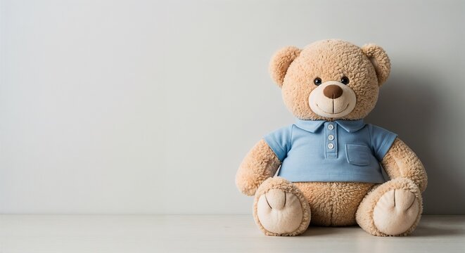 A stuffed teddy bear in a blue polo shirt on a white background, great for toy store catalogs, children's brand mascots, and simple character photography.