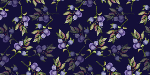 Blueberry seamless pattern watercolor branches.A delicate ornament of berries. For fabric, textile design, digital paper. Dark puprle, violet background