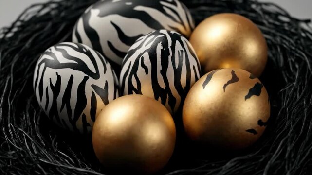 Luxury fashion Easter eggs with golden and black and white zebra stripe patterns in a black nest. Exotic safari style holiday decoration concept with stylish animal print design