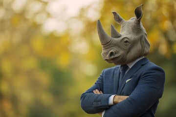 Obraz premium Rhino in Business Suit: Strength and Strategy. A suited man with a rhino head confidently poses in a forest setting during early autumn