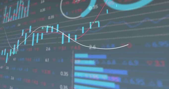 Animation of stock market and data processing on black background