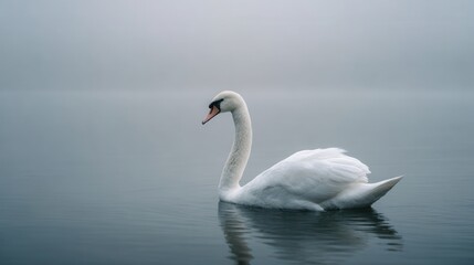 Fototapeta premium Swan swims slowly in the foggy water during early morning hours at a quiet lake scene