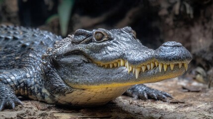 Naklejka premium Large crocodile resting on the ground during the day in a natural environment with dry leaves around it