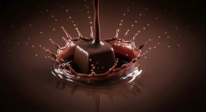Kotak cokelat terciprat ke dalam kolam cokelat cair yang gelap melambangkan gerakan dinamis fotografi makanan dan rasa kakao yang sangat intens