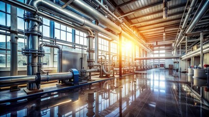 Fototapeta premium Industrial Facility Featuring Pipes and Modern Machinery at Sunset