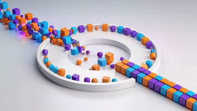 Vibrant 3D cubes and spheres stream through a white circular channel suggesting data flow, motion, technology and connectivity. Bright orange, blue and purple shapes create a dynamic, modern abstract 