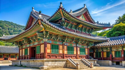 Obraz premium Traditional Korean Temple Architecture with Vibrant Colors and Details