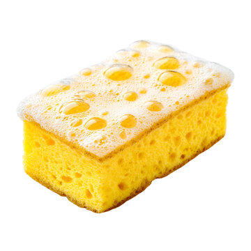 Yellow kitchen sponge with white foam and bubbles