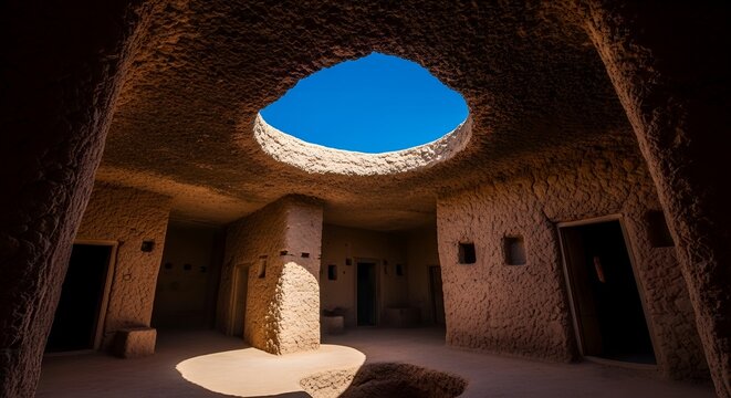 Sunken courtyard of Matmata troglodyte dwelling in Tunisia in bright sunlight